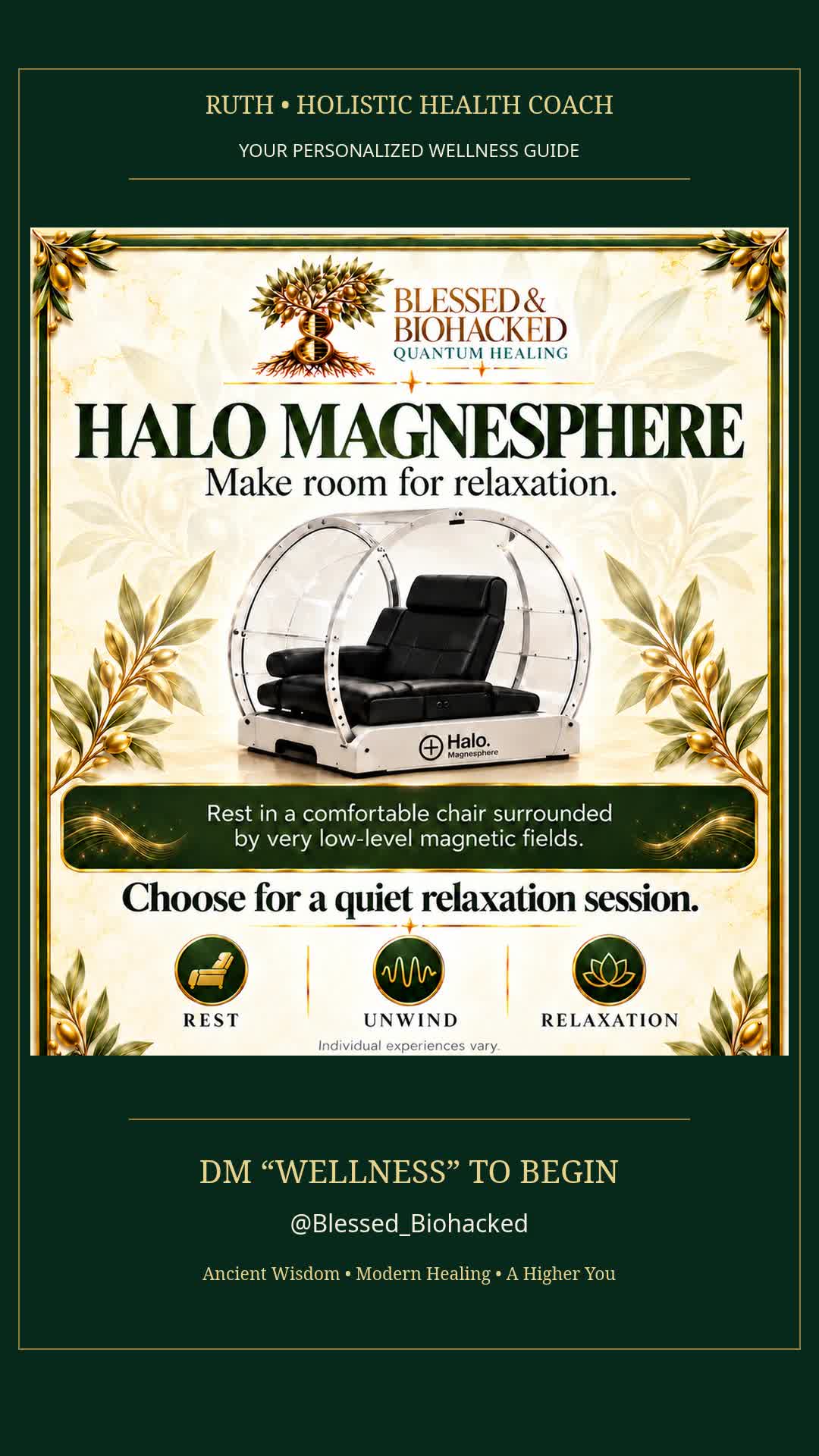 Halo Magnesphere relaxation chair shown in Blessed & Biohacked wellness media